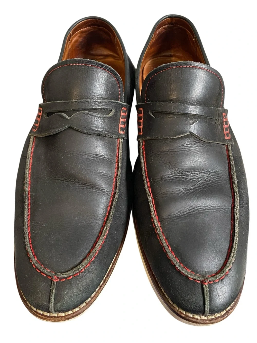 Men's Donald Pliner Dark Blue Leather Penny Loafers with Red Stitching Size 12